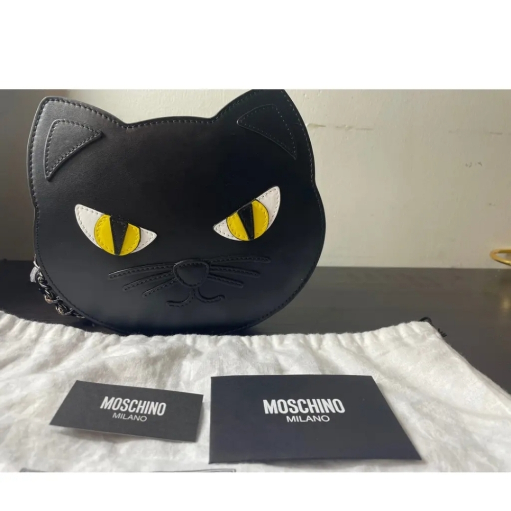 Jeremy Scott BLACK LEATHER CAT CROSSBODY BAG Moschino couture New /dust Bag - Picture 4 of 7